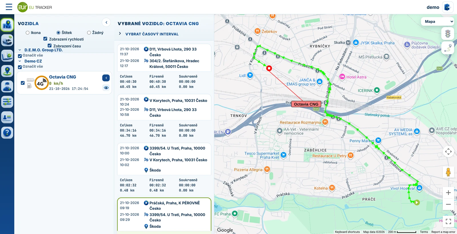 EUTRACKER – historie jízd a trasa vozidla na mapě