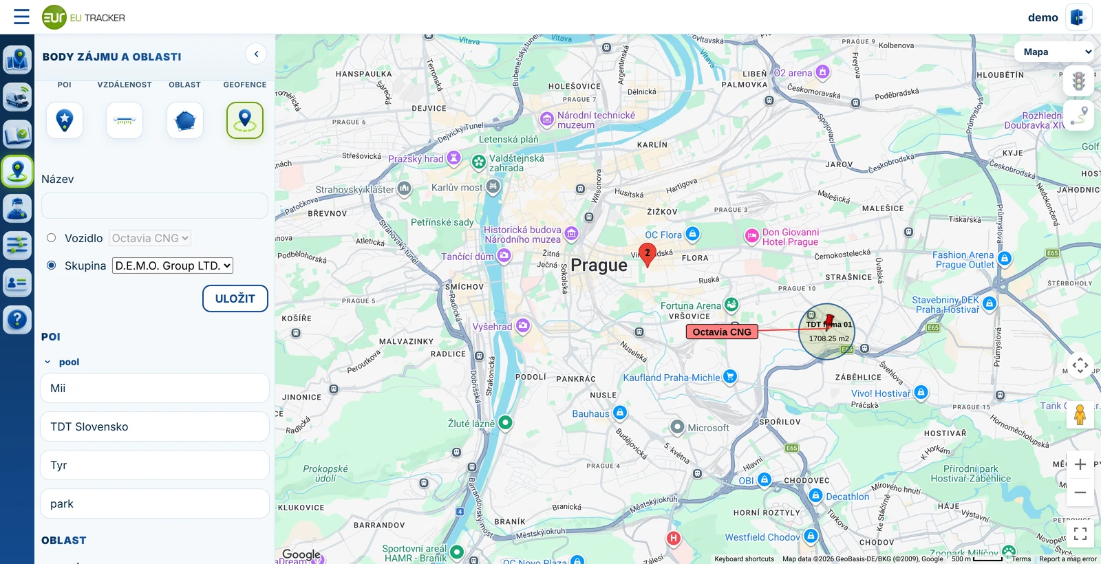 EUTRACKER – body zájmu, oblasti a geofence