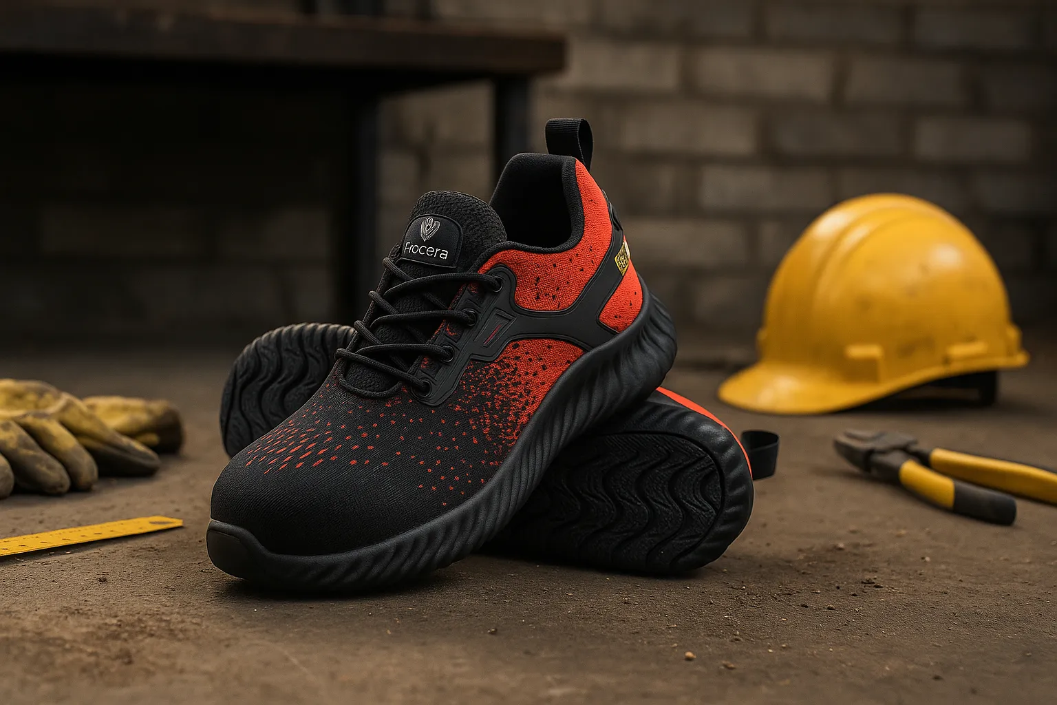 Bezpečnostní obuv TEXO FLY S1 v červené barvě v dílně – pracovní prostředí s přilbou a rukavicemi