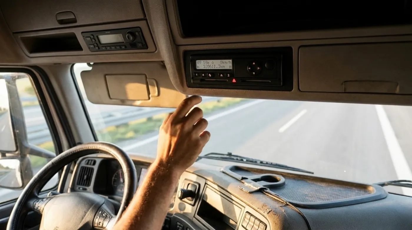 Řidič kamionu obsluhuje digitální tachograf v kabině během jízdy