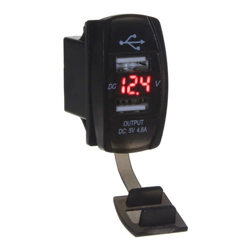 2x USB zásuvka "Rocker" s voltmetrem, červená