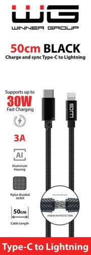 WG Datový kabel USB-C / Lightning, 3A, černý, 50cm
