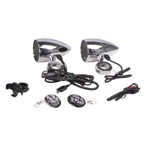 Zvukový systém na motocykl, skútr, ATV s  USB, BT, 2 x dálkové ovládání, barva chrom