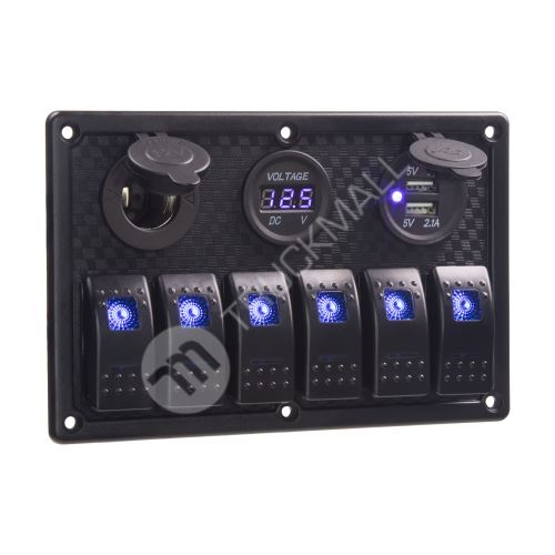 Panel s 6x spínači Rocker, voltmetr, CL + USB zásuvka, 12/24V